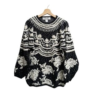 Kitty Hawk by Vivian Wang black white sweater pearls floral holiday vtg